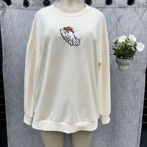 Embroidered Cowboy Ghost Sweatshirt Cream XL Boho Spooky Cute Oversized Pullover